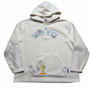 Vintage 90s Y2K Looney Tunes Warner Bros Tweety 1/4 Zip Fleece Hoodie